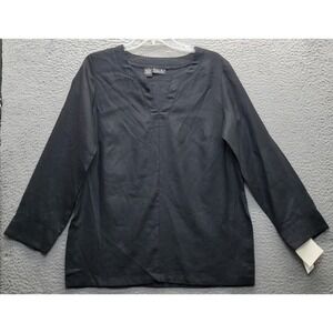Rafaella Blouse Top‎ Womens Medium Black 100% Linen Long Sleeve V-Neck Pullover
